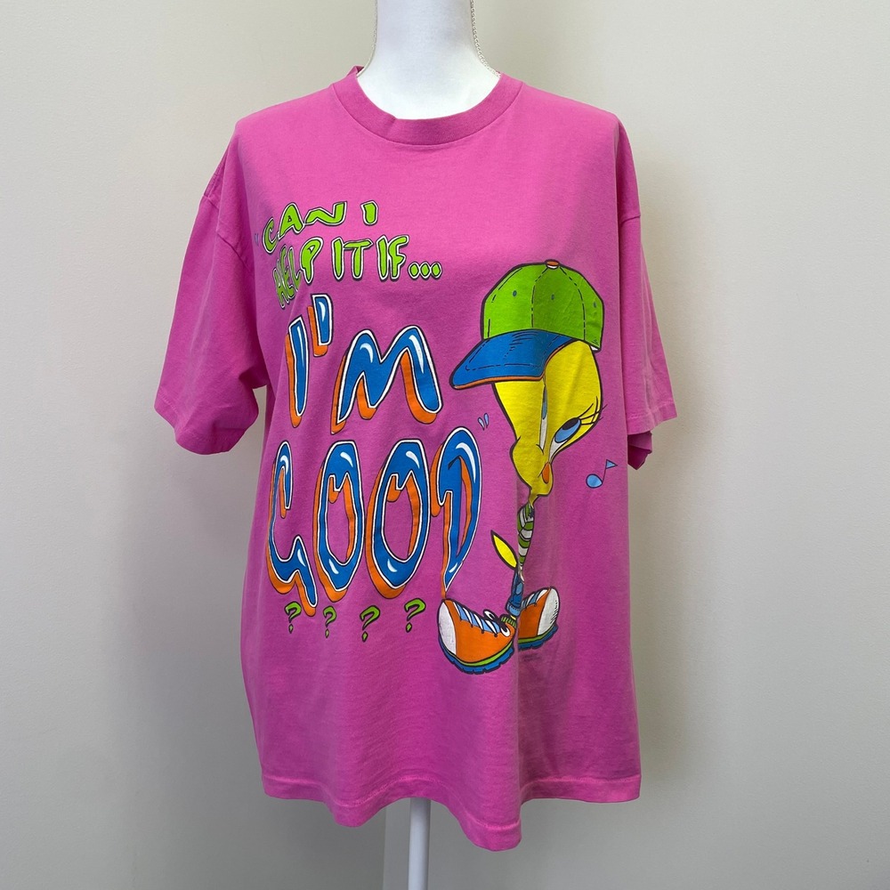 Vintage 1997 Looney Tunes Tweety Bird Pink Graphic T-Shirt XL Freeze Made in USA